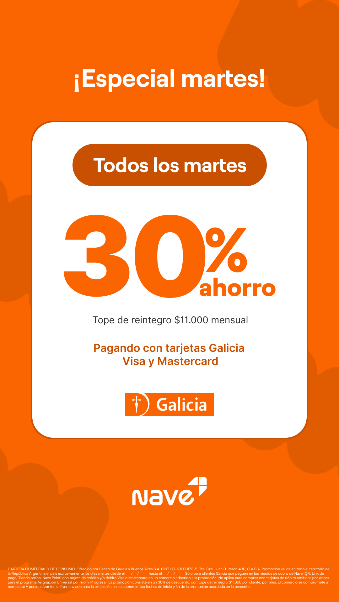 Flyer promoción Galicia — 30% de ahorro martes